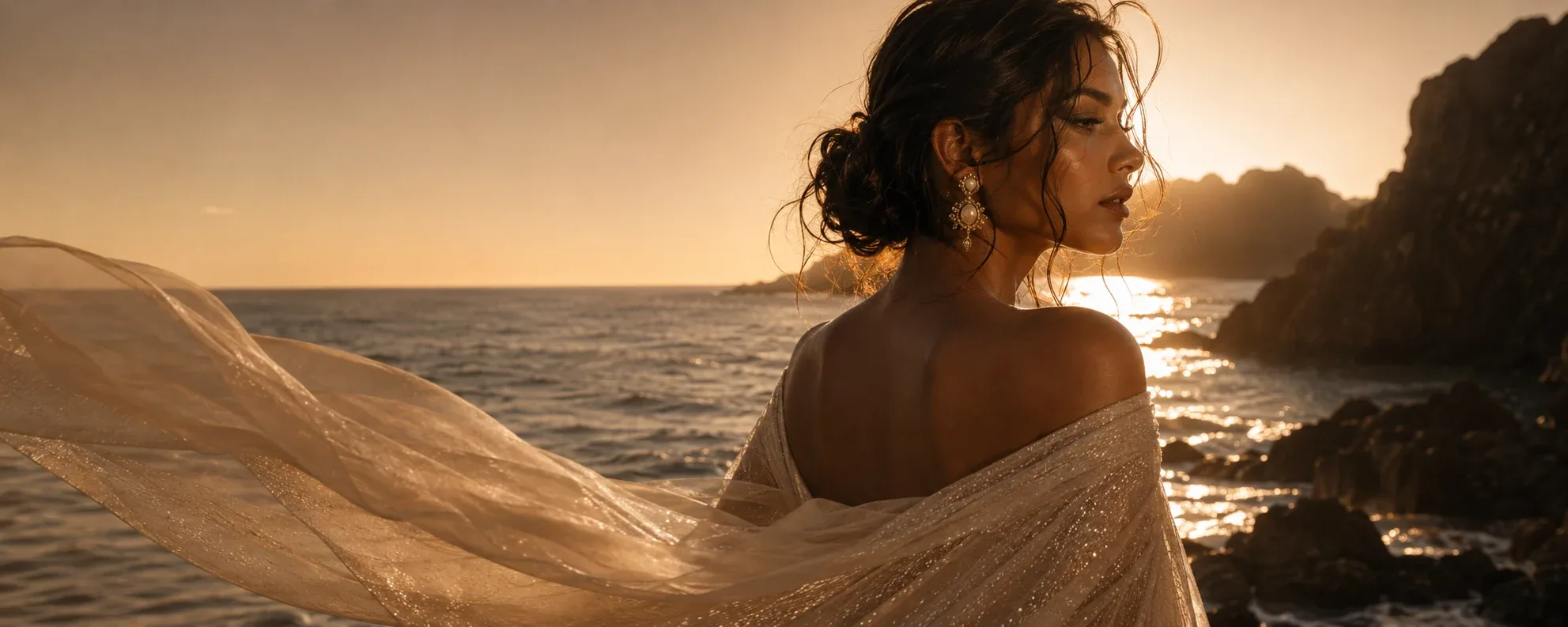 Mujer con vestido vaporoso frente al mar de Concón al atardecer